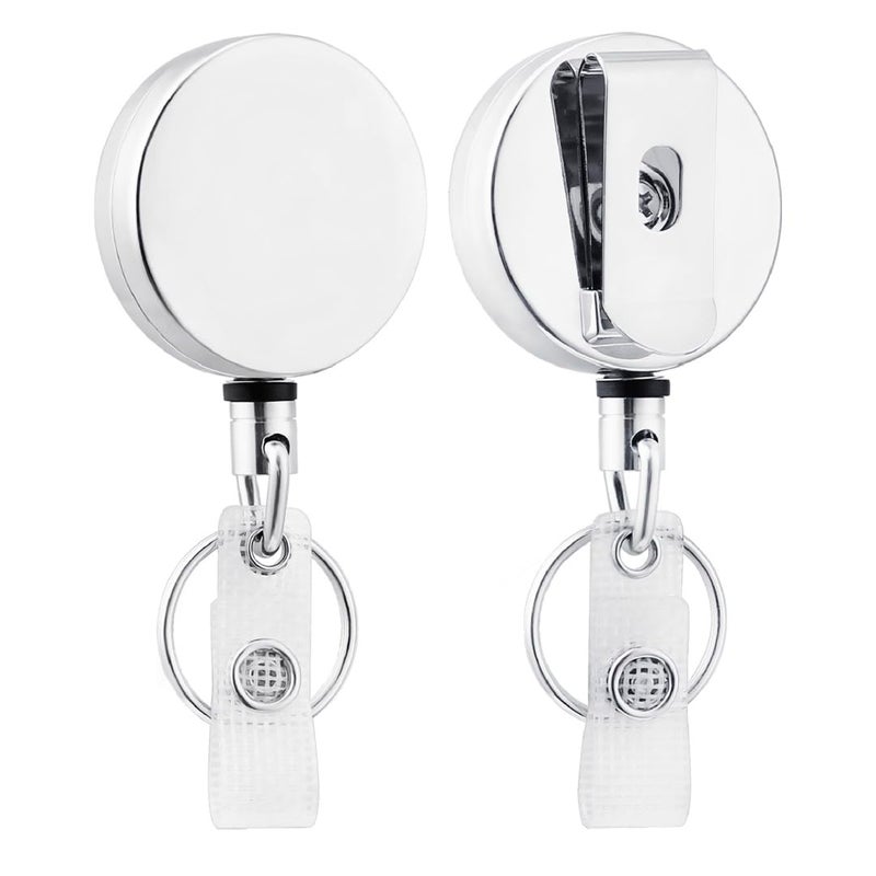 Will Well ID Badge Holder Reel with Clip and Keyring - Heavy-Duty All-Metal Casing with 27.5"UHMWPE Fiber Pull Cord for Durability and Easy Access, Holds up to 8 Keys - 2-Pack, Round, Glossy Silver - Image 1
